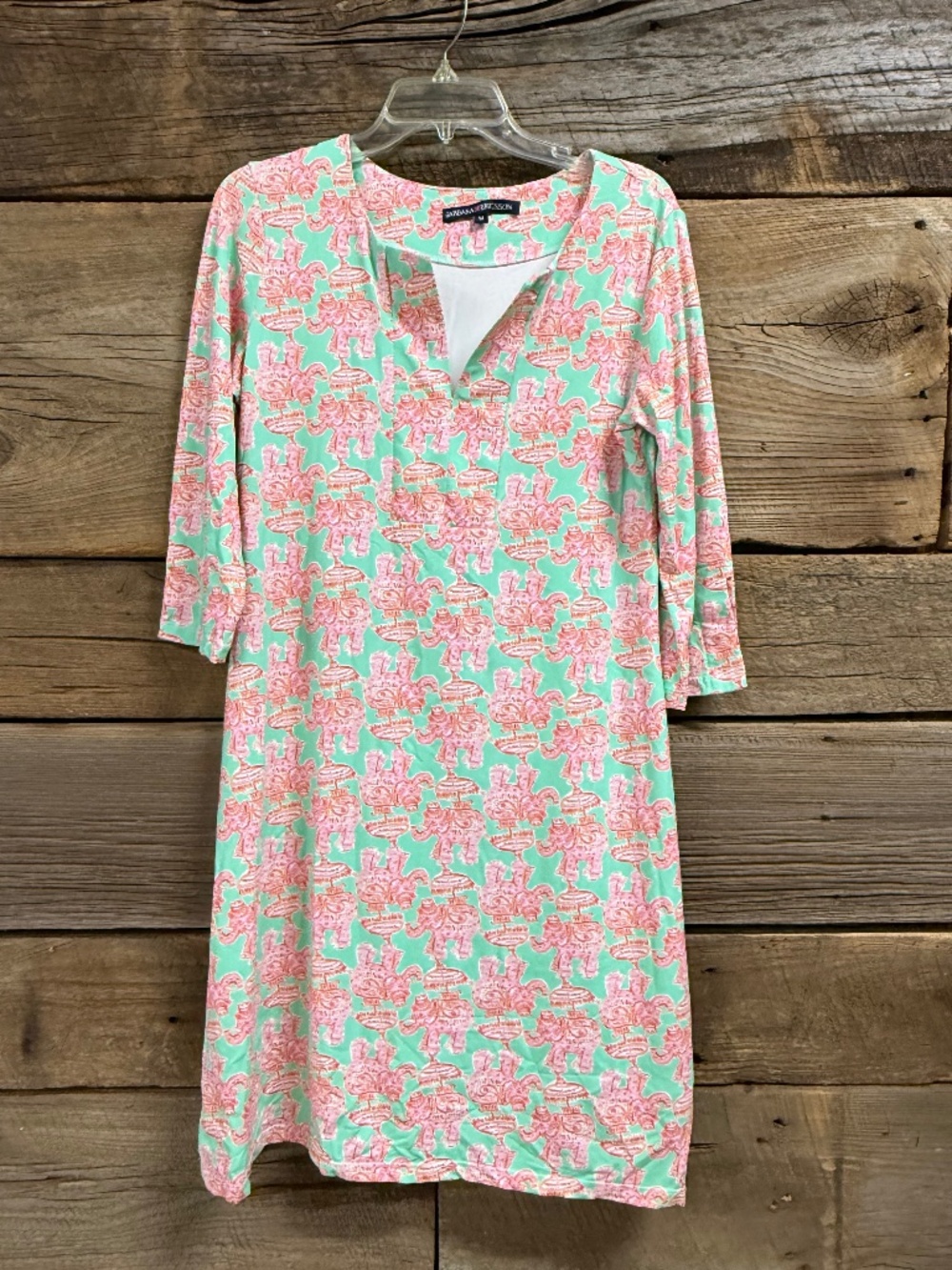 Barbara Erickson Elephant design shift dress, Green/Pink, medium